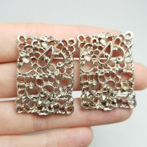 Vintage Emmons EMJ Silver Tone Rectangle Filigree Clip On Earrings, Signed